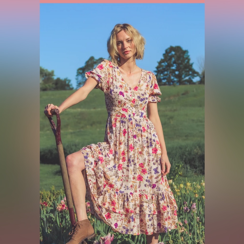 Tamga Cressida Midi Dress | Cream Floral EcoVero Cottagecore Tradwife | Size L
